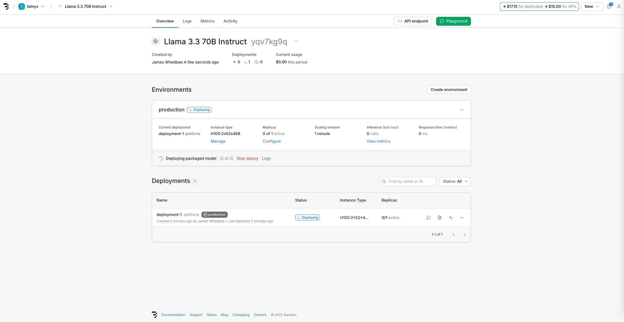 Baseten deployment overview page for Llama 3.3 70B model