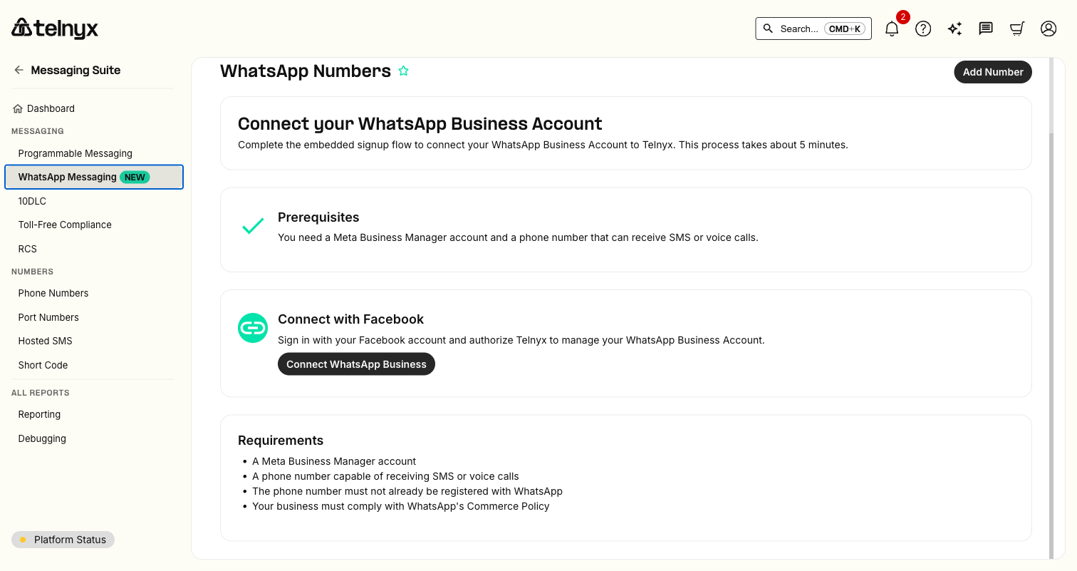 Connect with Facebook section showing the Connect WhatsApp Business button and requirements list