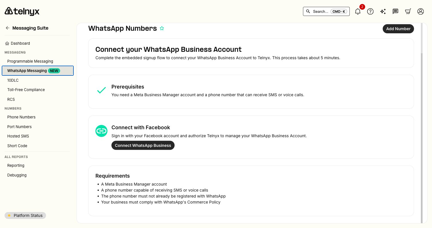 Connect with Facebook section showing the Connect WhatsApp Business button and requirements list