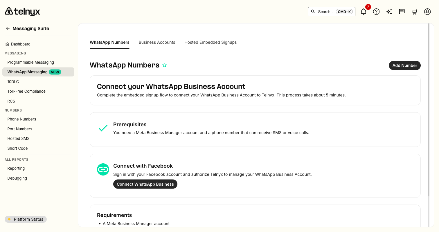 WhatsApp Numbers page in the Telnyx Portal showing the Embedded Signup flow with Prerequisites, Connect with Facebook, and Requirements sections