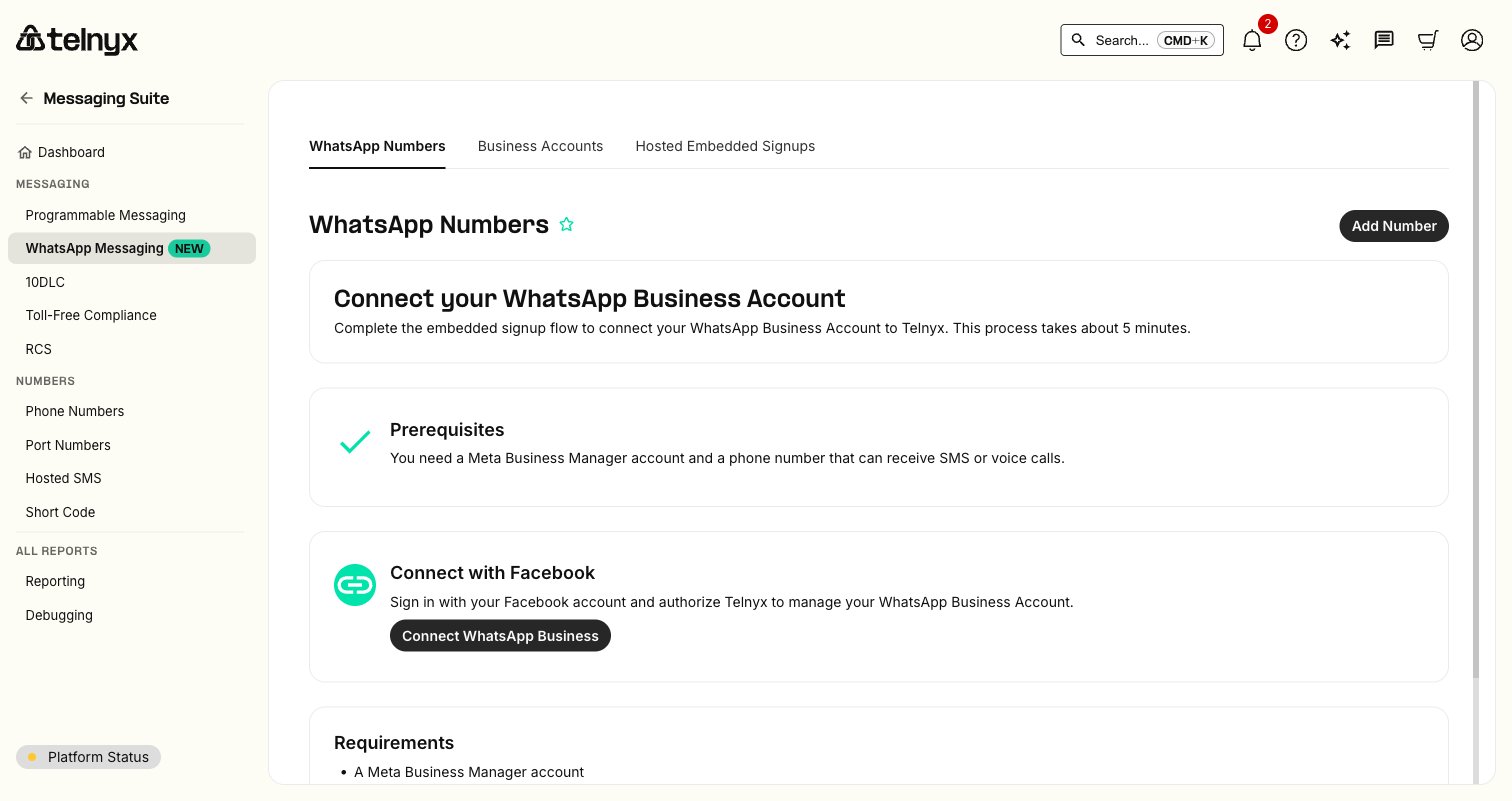 WhatsApp Numbers page in the Telnyx Portal showing the Embedded Signup flow with Prerequisites, Connect with Facebook, and Requirements sections