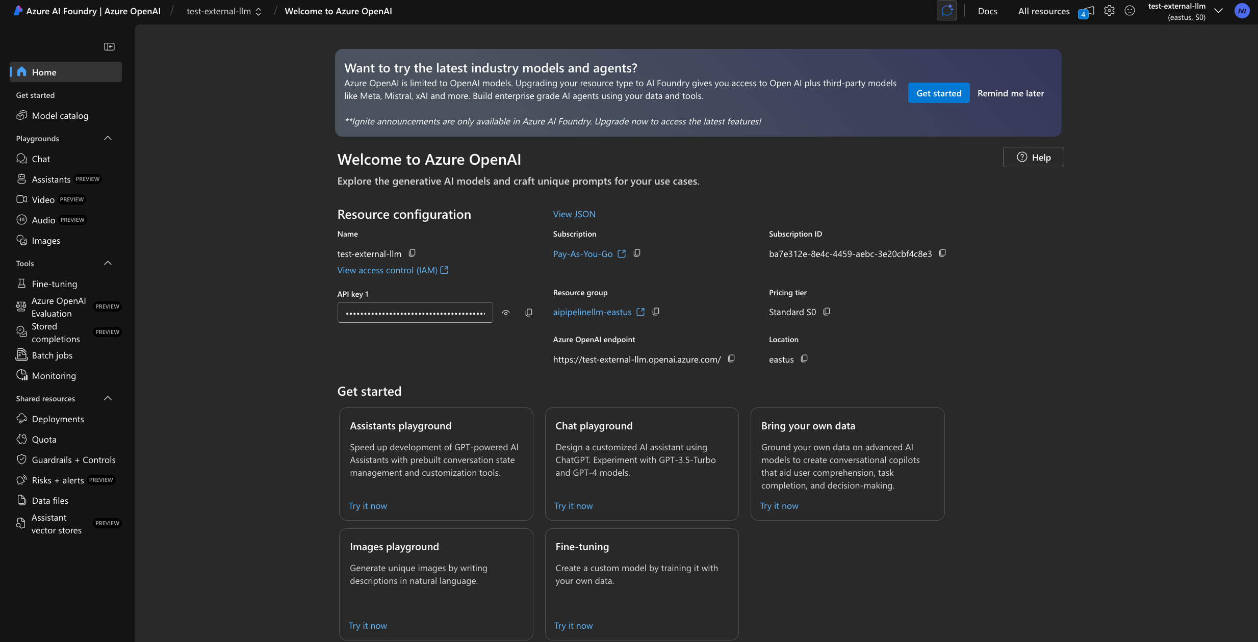 Azure deployment details page displaying API key and endpoint URL