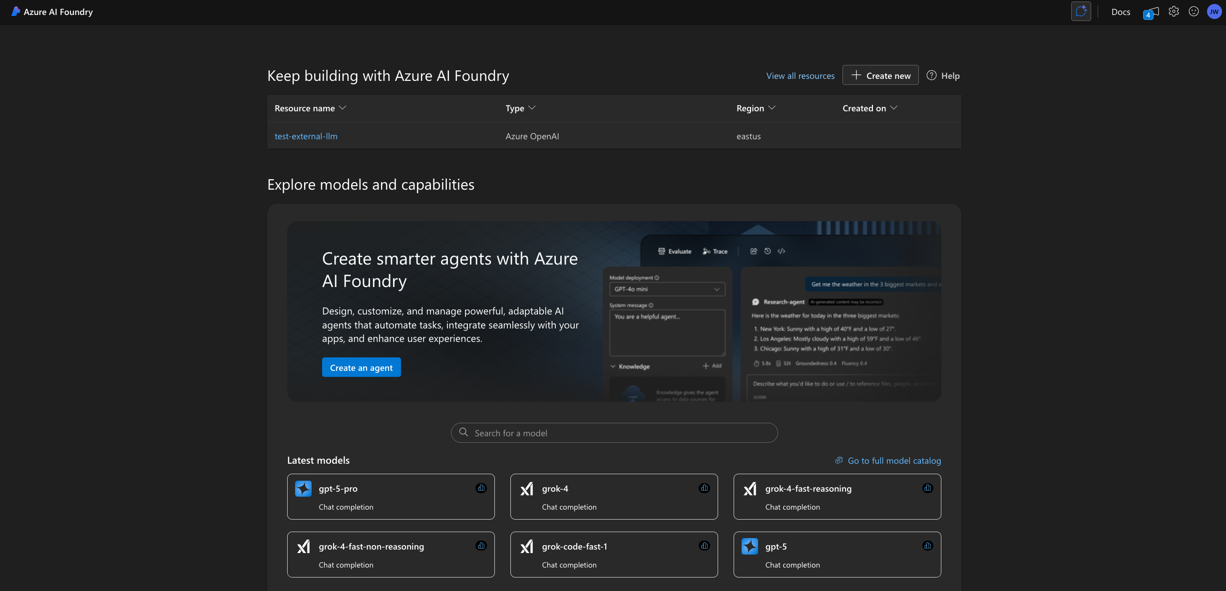 Azure AI Foundry homepage showing resource selection interface