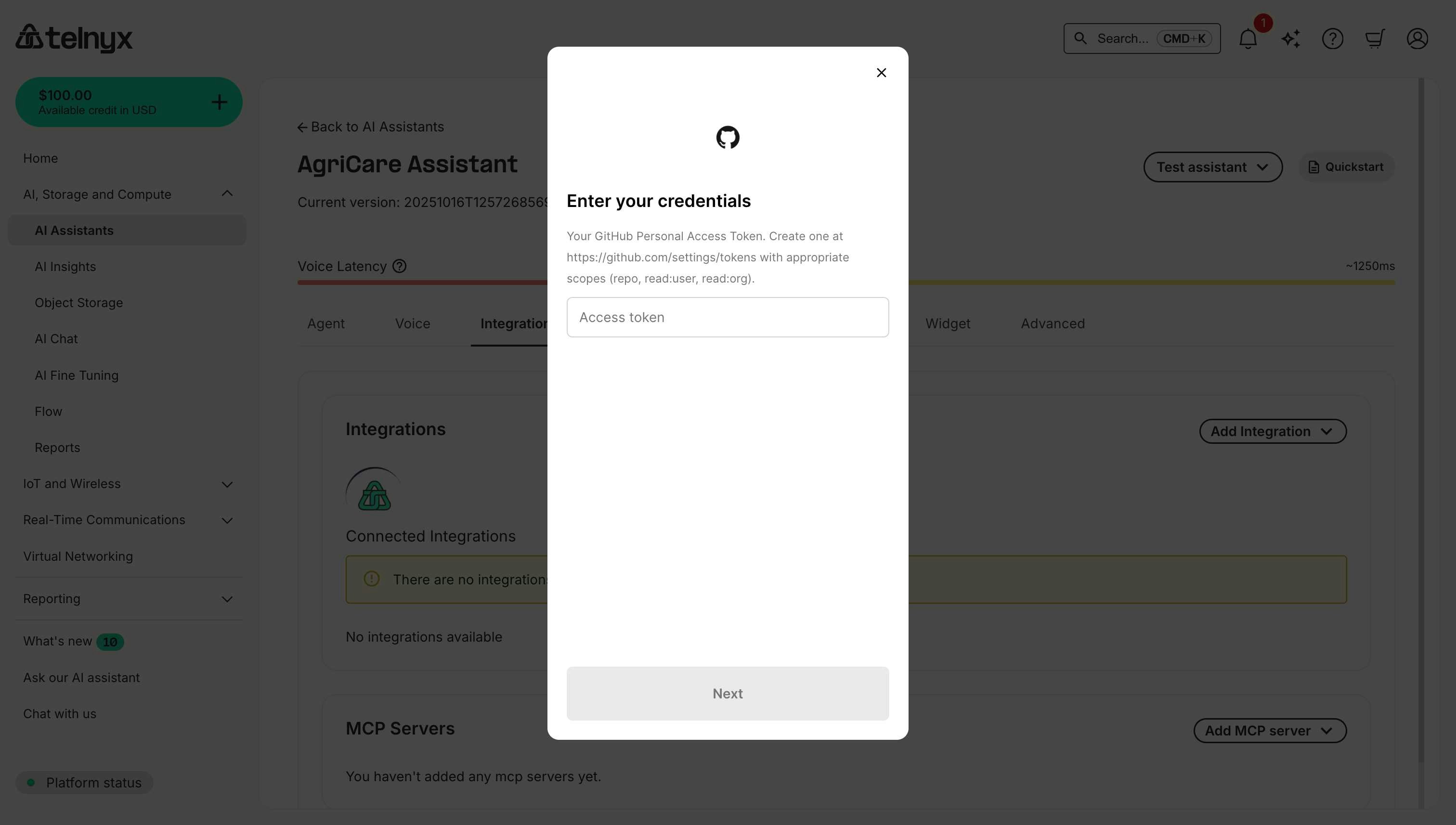 GitHub integration credentials dialog showing Personal Access Token input field