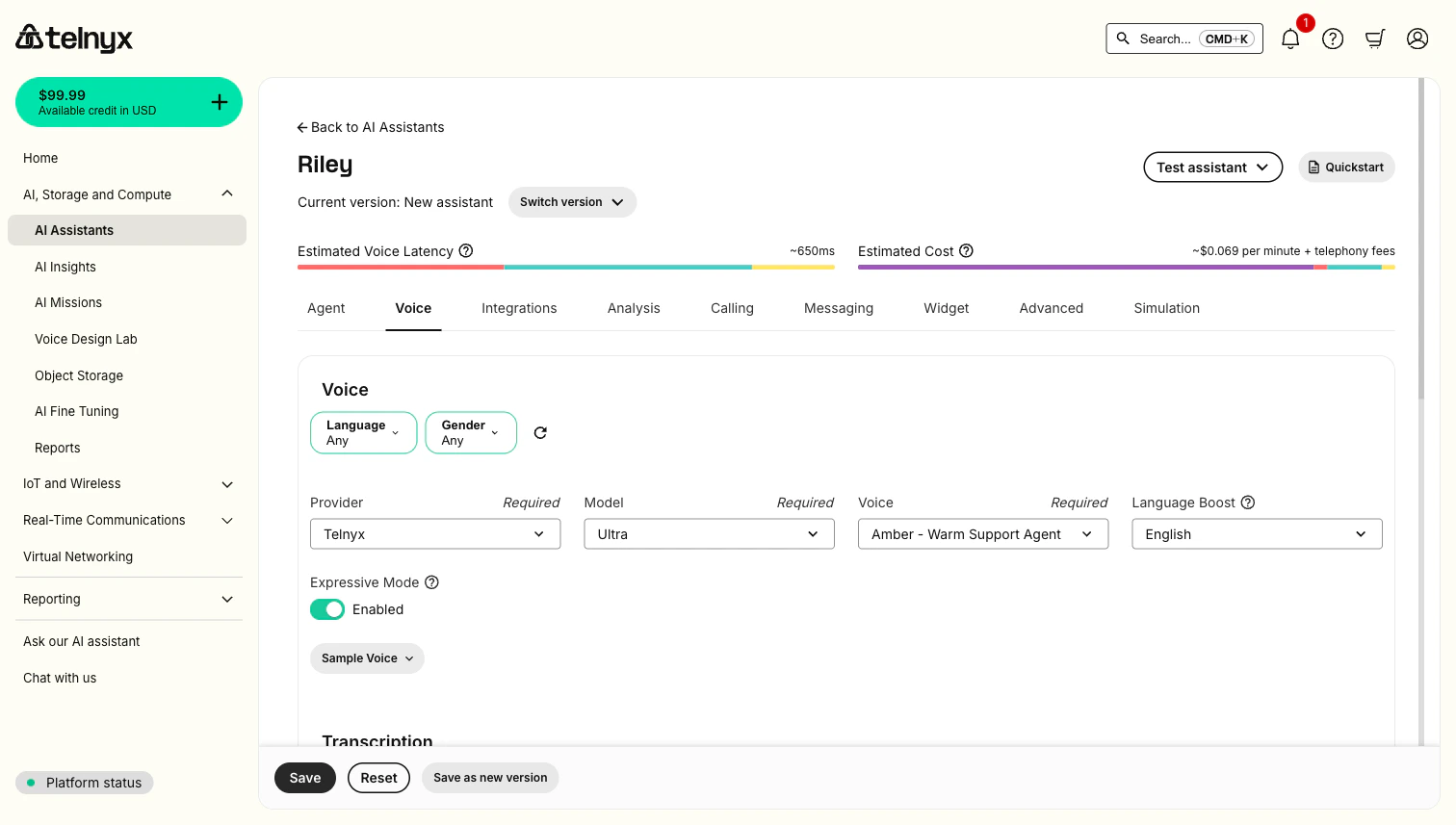 AI Assistant voice settings in the Telnyx Portal showing a Telnyx Ultra voice selected and the Expressive Mode toggle enabled