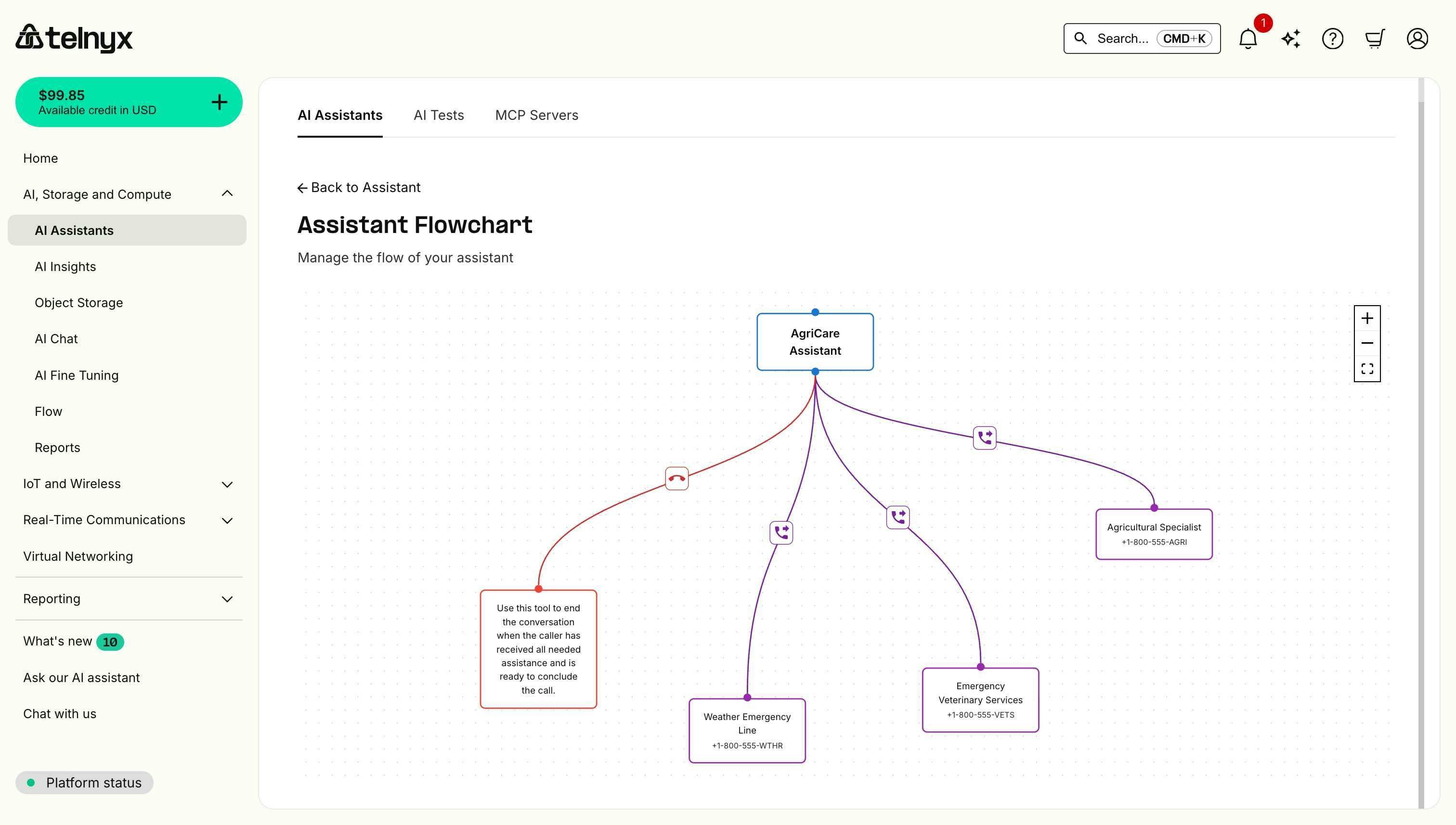 Workflow flowchart showing assistant node connected to multiple tool nodes with colored connection arrows and control panel
