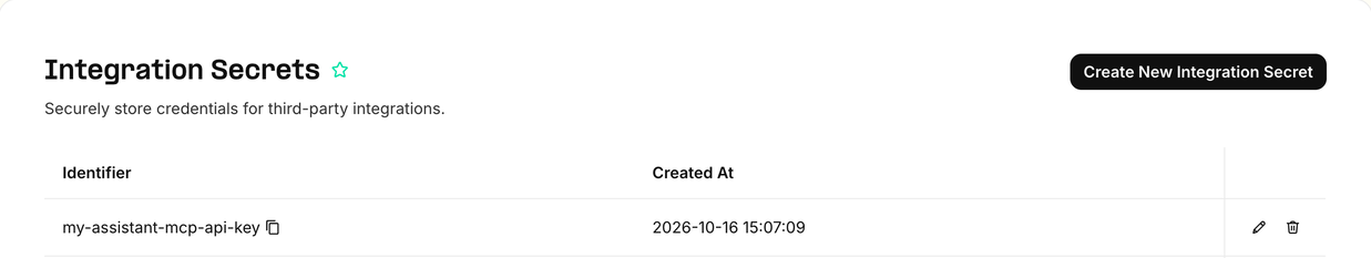 The saved my-assistant-mcp-api-key reference on the Integration Secrets page.