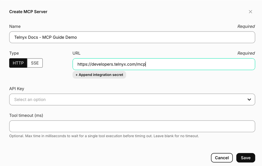 Create MCP Server form showing the example name, HTTP transport, public documentation endpoint, and optional timeout.