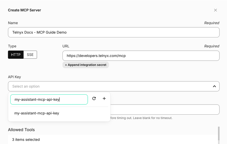Searching the MCP API Key selector for my-assistant-mcp-api-key.