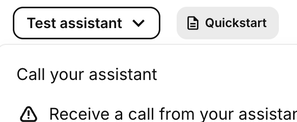 The Test assistant menu showing Inbound call and Outbound call options.