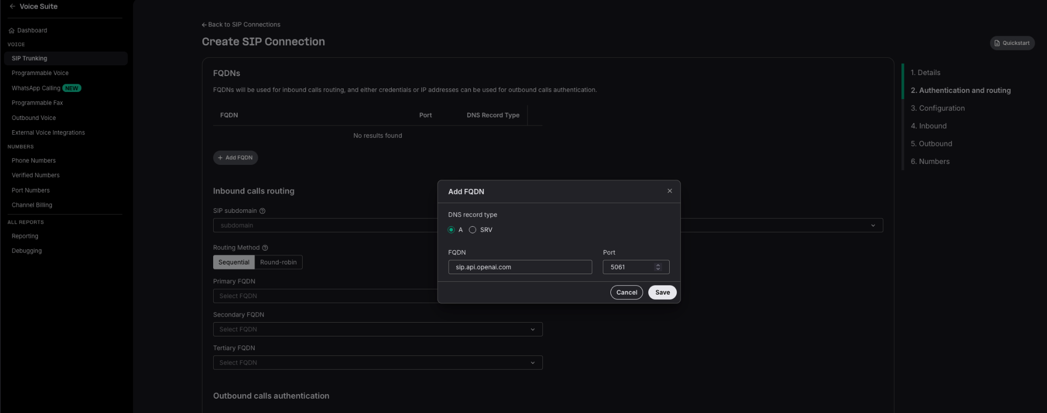 Add FQDN dialog showing sip.api.openai.com and port 5061