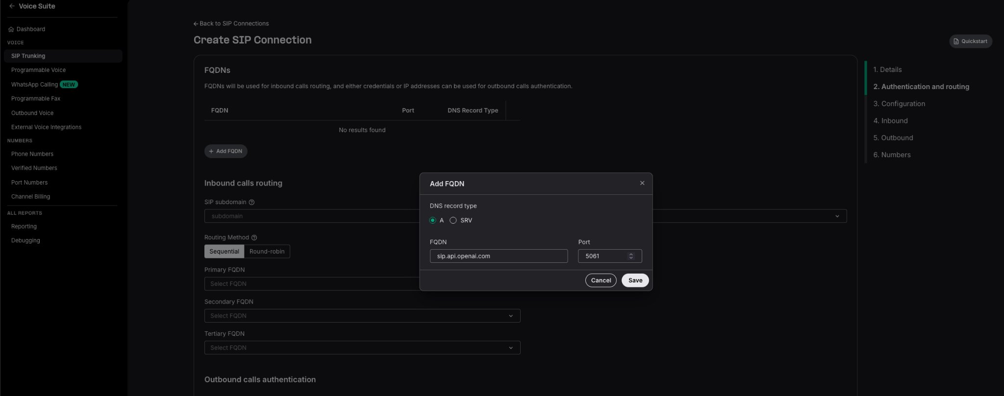 Add FQDN dialog showing sip.api.openai.com and port 5061