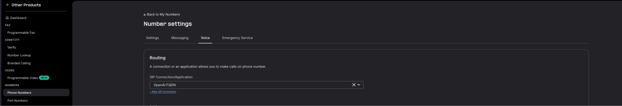 Telnyx number Voice settings with the OpenAI FQDN connection selected