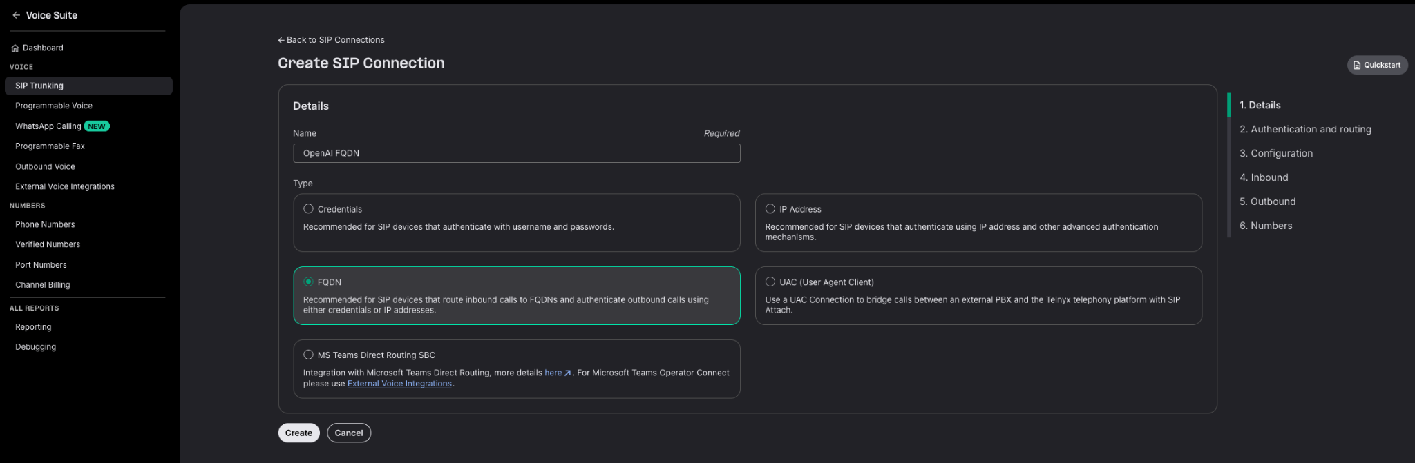 Telnyx Create SIP Connection form with FQDN selected