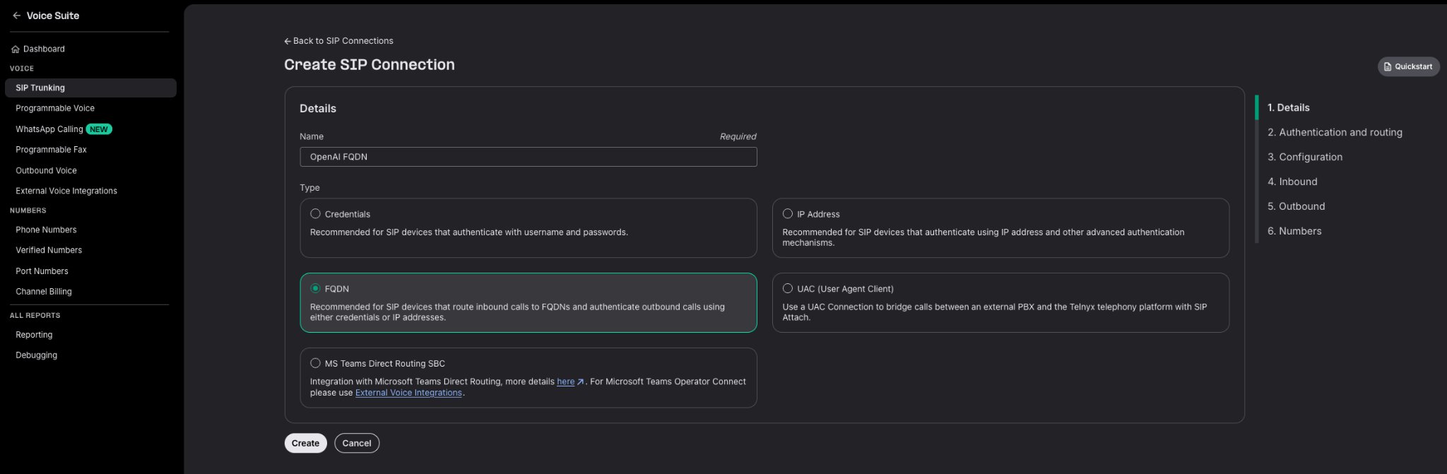 Telnyx Create SIP Connection form with FQDN selected