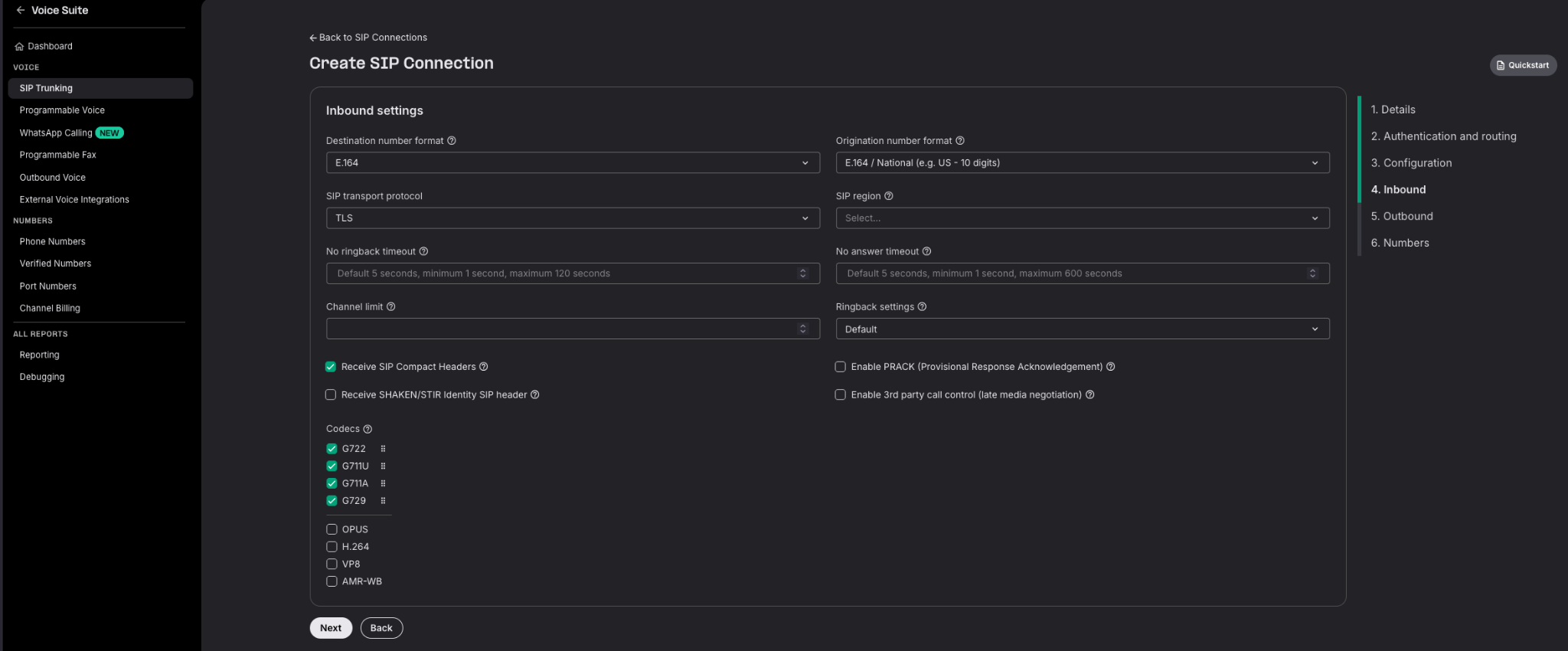 Telnyx inbound connection settings with SIP transport protocol set to TLS