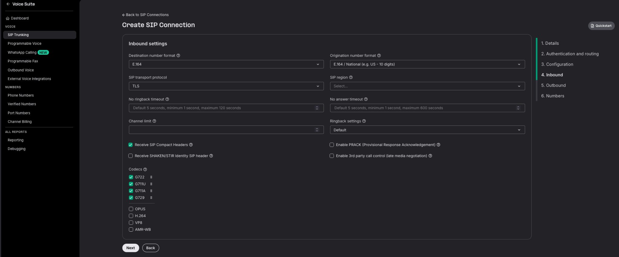 Telnyx inbound connection settings with SIP transport protocol set to TLS