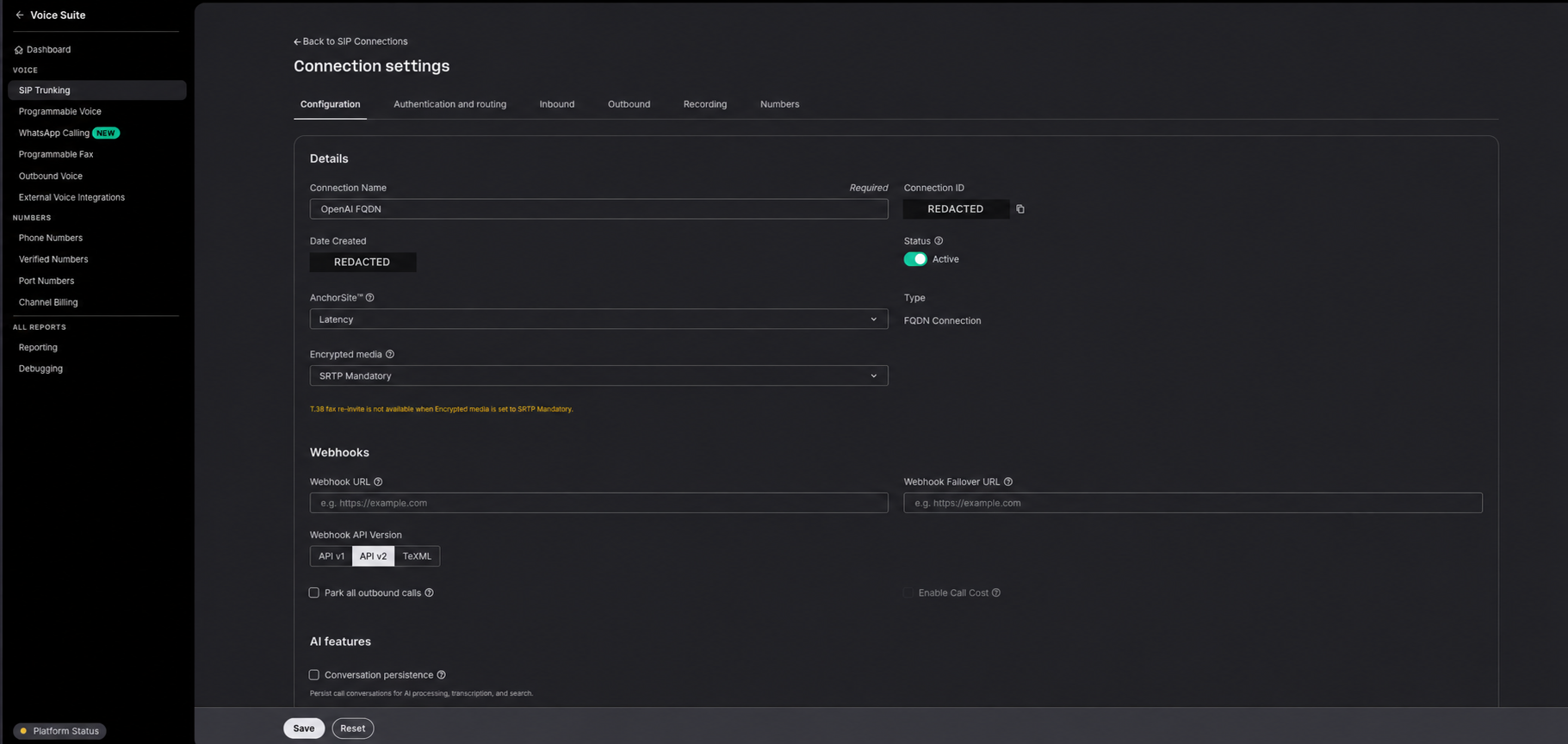 Telnyx connection settings with encrypted media set to SRTP Mandatory