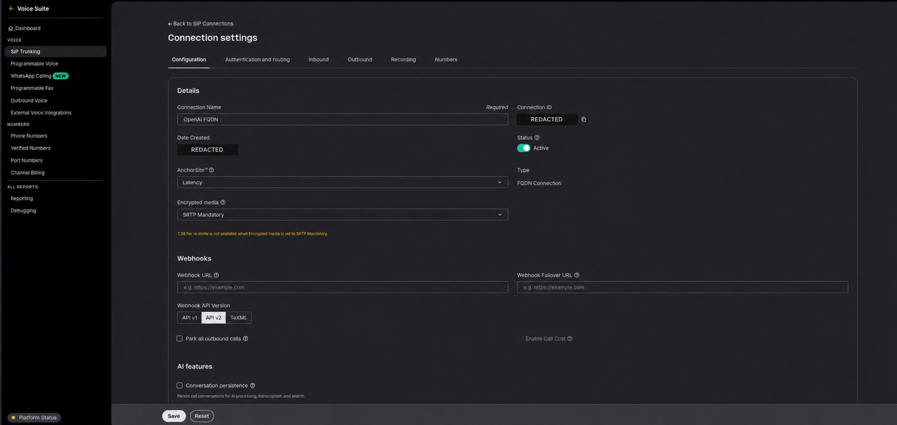 Telnyx connection settings with encrypted media set to SRTP Mandatory