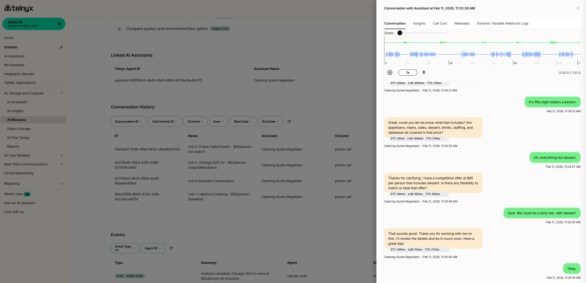 Conversation detail showing the Catering Quote Negotiator negotiating with Chicago Grill Co — starting at 58/person without dessert, then negotiating to 62 all-inclusive using the $65 competitor quote as leverage
