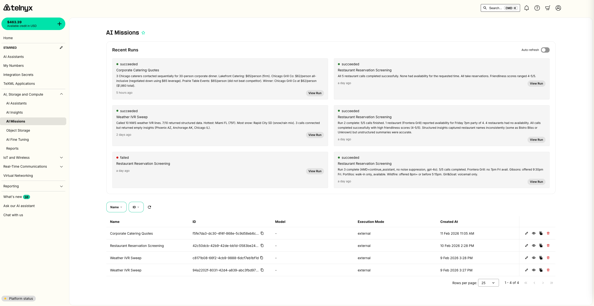 AI Missions overview showing recent runs including Corporate Catering Quotes (succeeded), Restaurant Reservation Screening, and Weather IVR Sweep missions