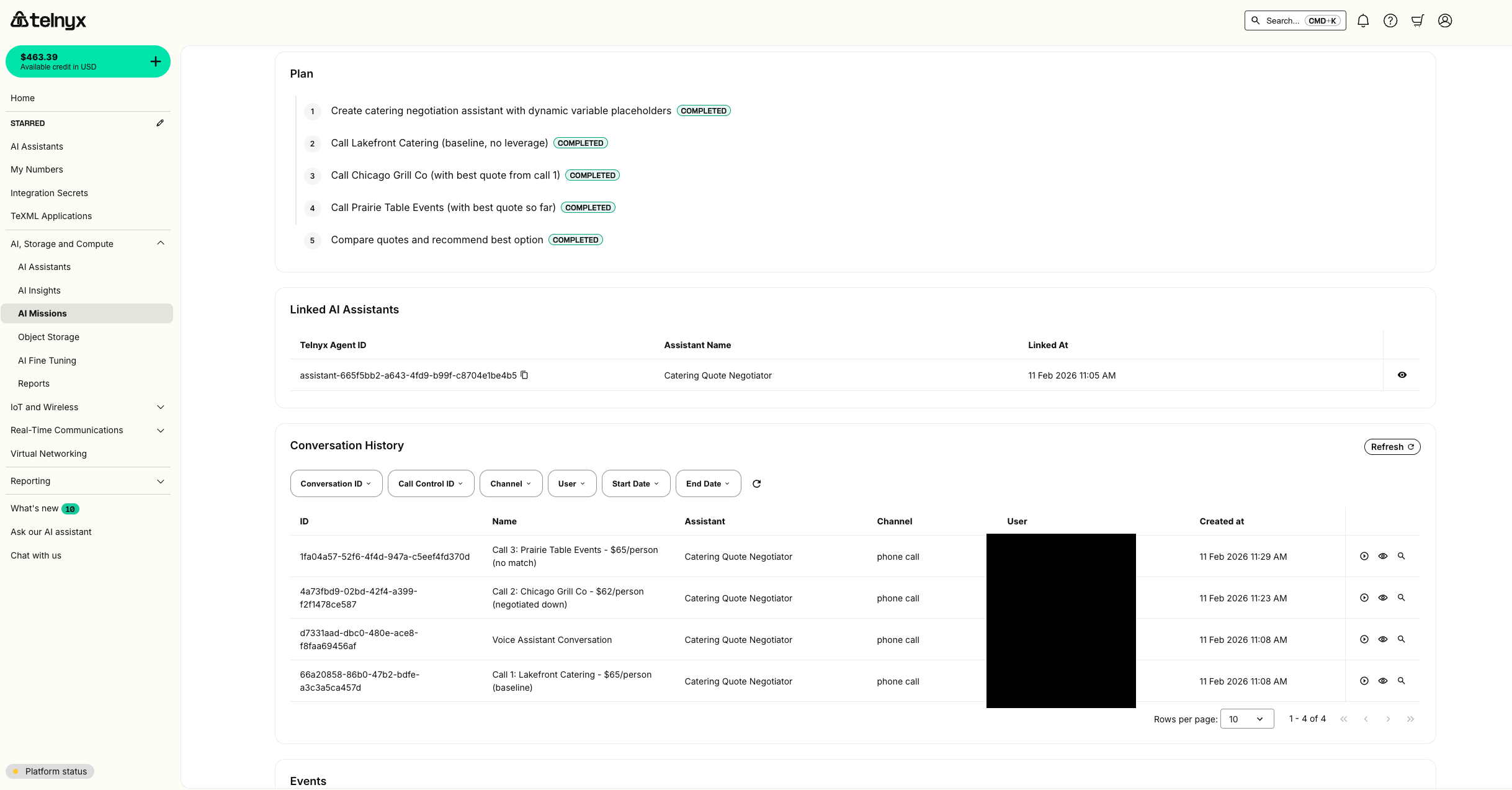 Mission plan view showing completed steps: create assistant, call Lakefront Catering (baseline), call Chicago Grill Co (with best quote), call Prairie Table Events (with best quote), compare and recommend
