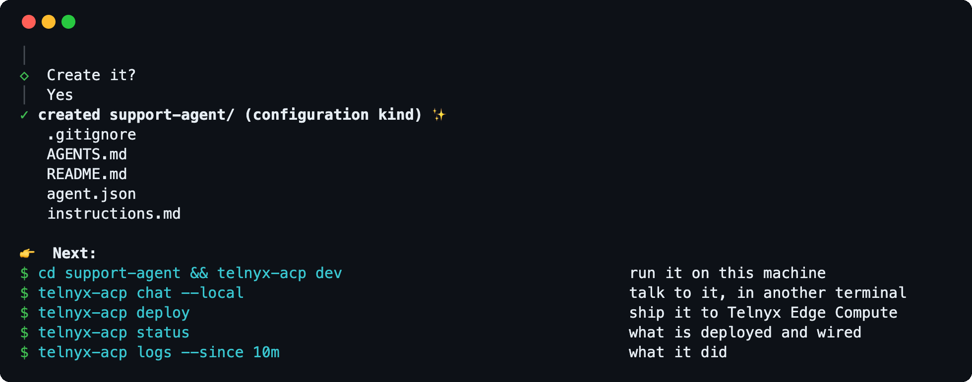 The summary of the files create will write, the Create it? prompt, the created files, and the next commands: dev, chat, deploy, status, logs