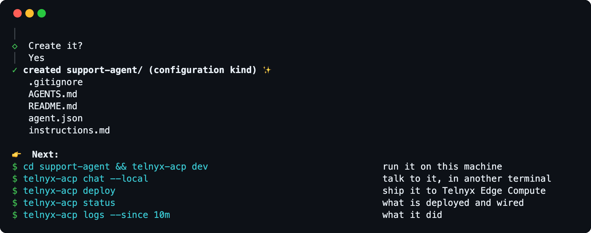 The summary of the files create will write, the Create it? prompt, the created files, and the next commands: dev, chat, deploy, status, logs