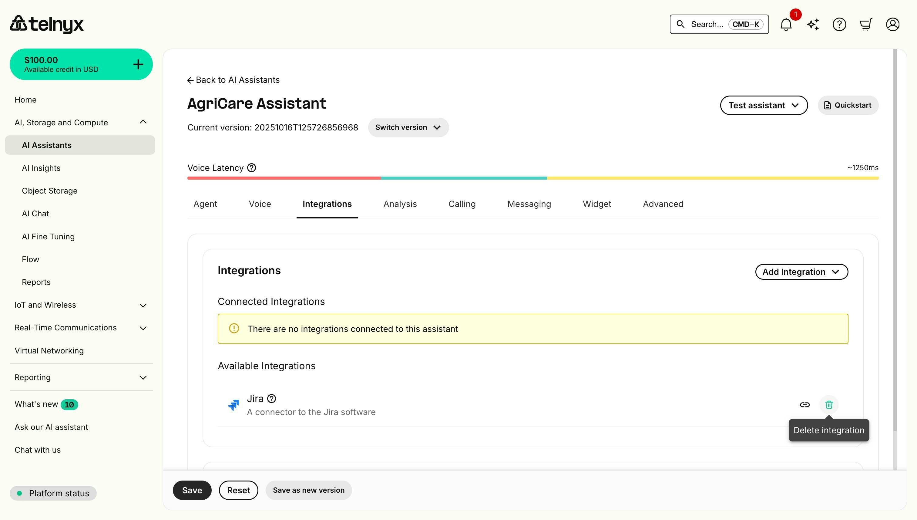Jira integration card in Available Integrations showing connect button and delete button (trash icon)