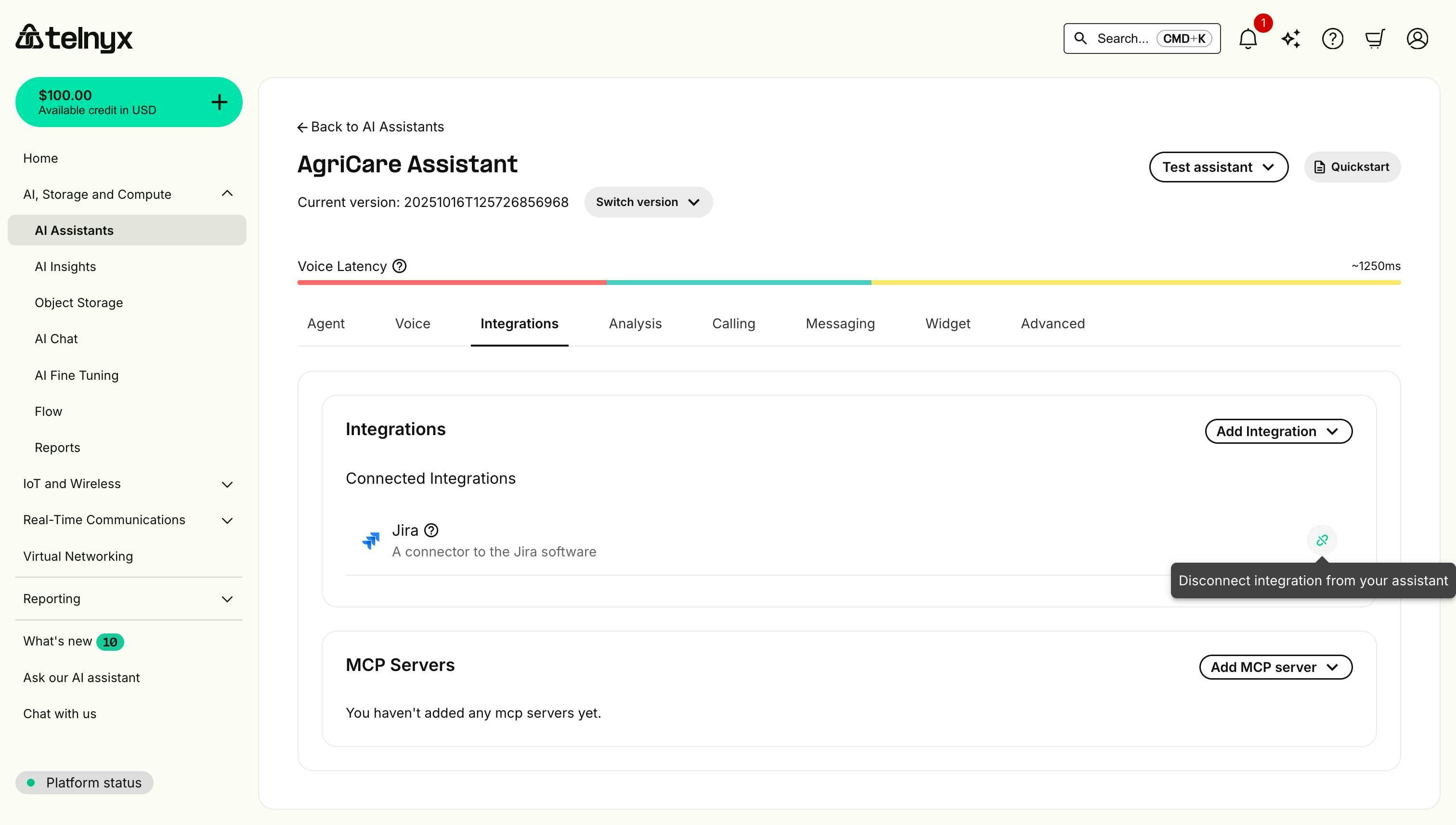 Jira integration card in Connected Integrations showing unassign button (chain link icon)