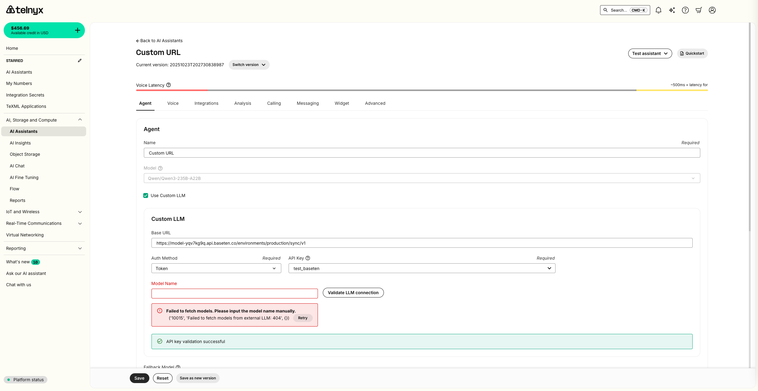 Telnyx portal custom LLM validation interface with connection test button