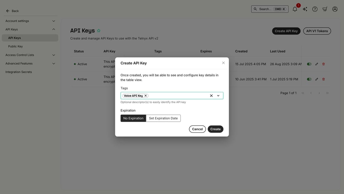 Create and Manage API Keys - Telnyx