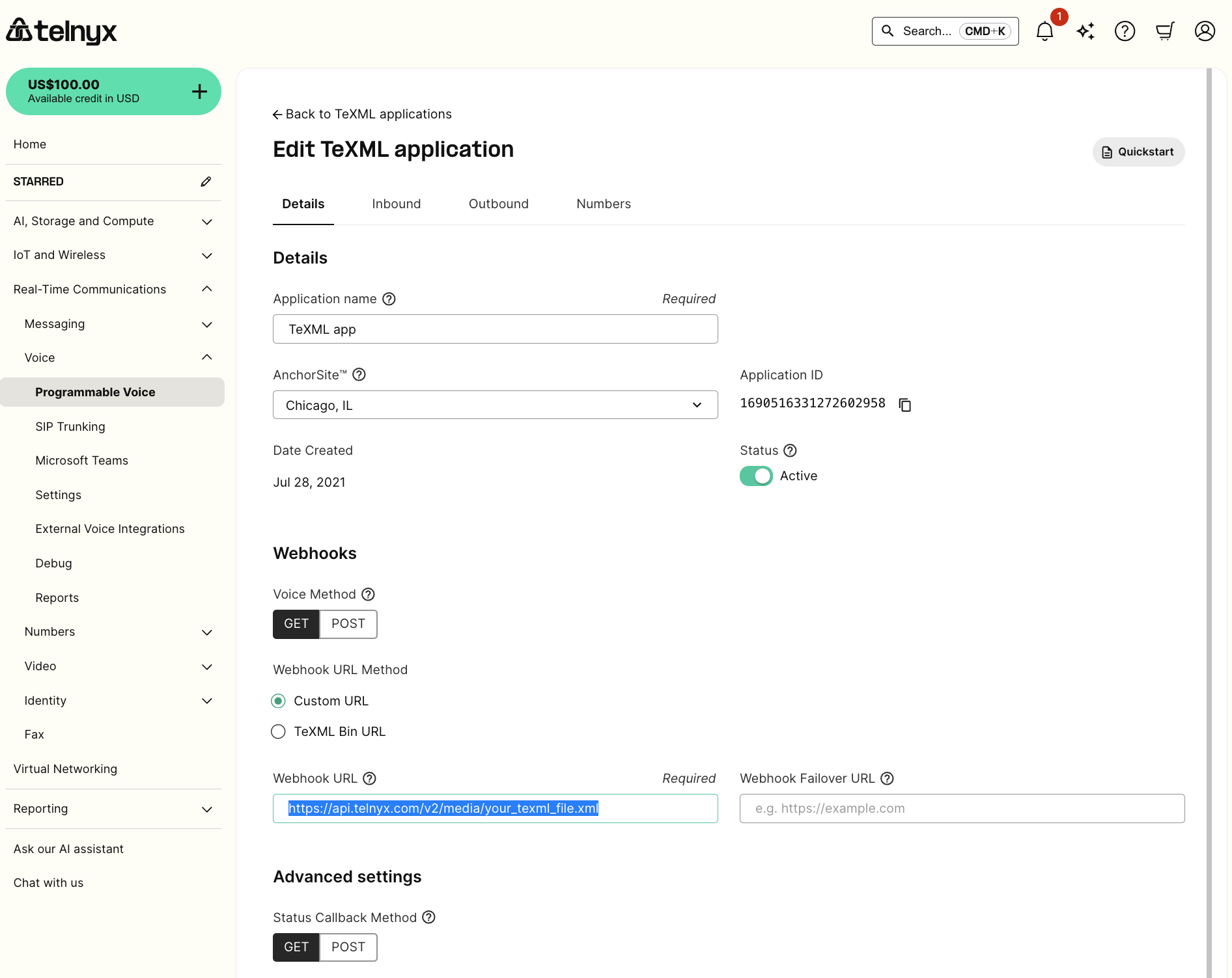 Configuring a TeXML Application to point at a TeXML File URL