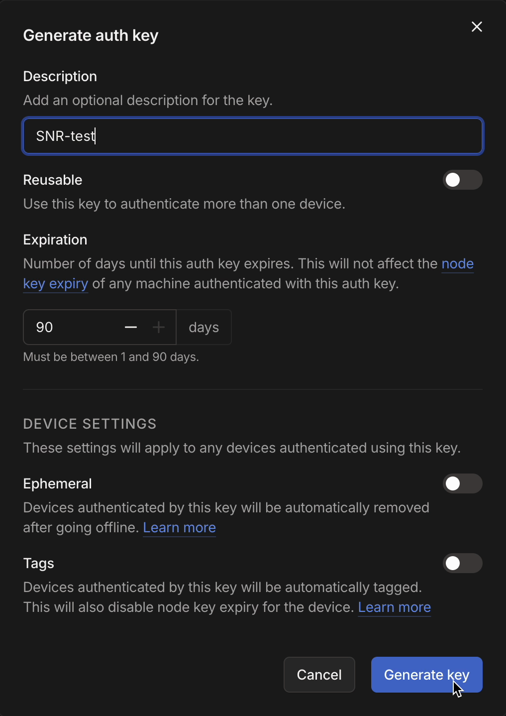 The Generate auth key dialog in the Tailscale admin console