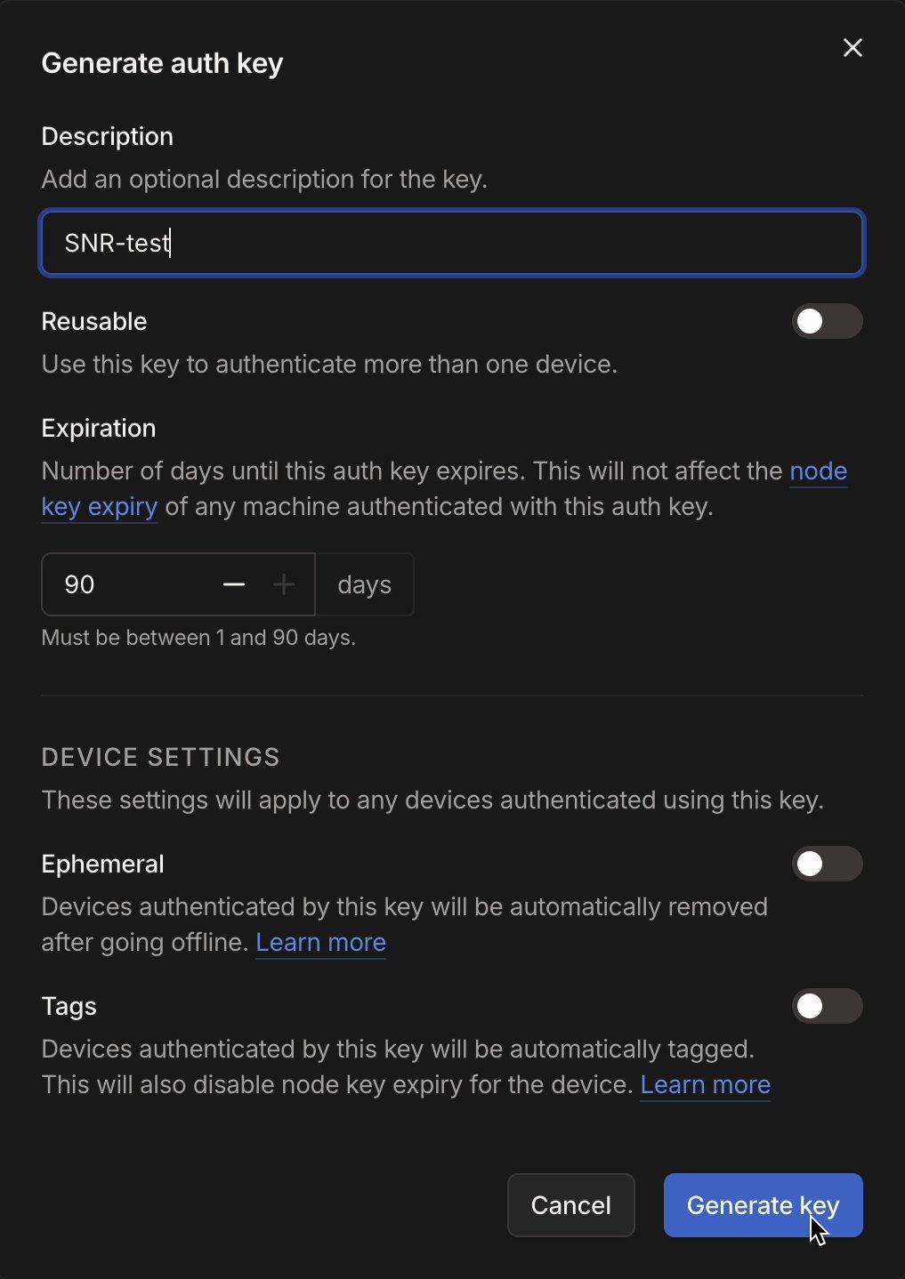 The Generate auth key dialog in the Tailscale admin console