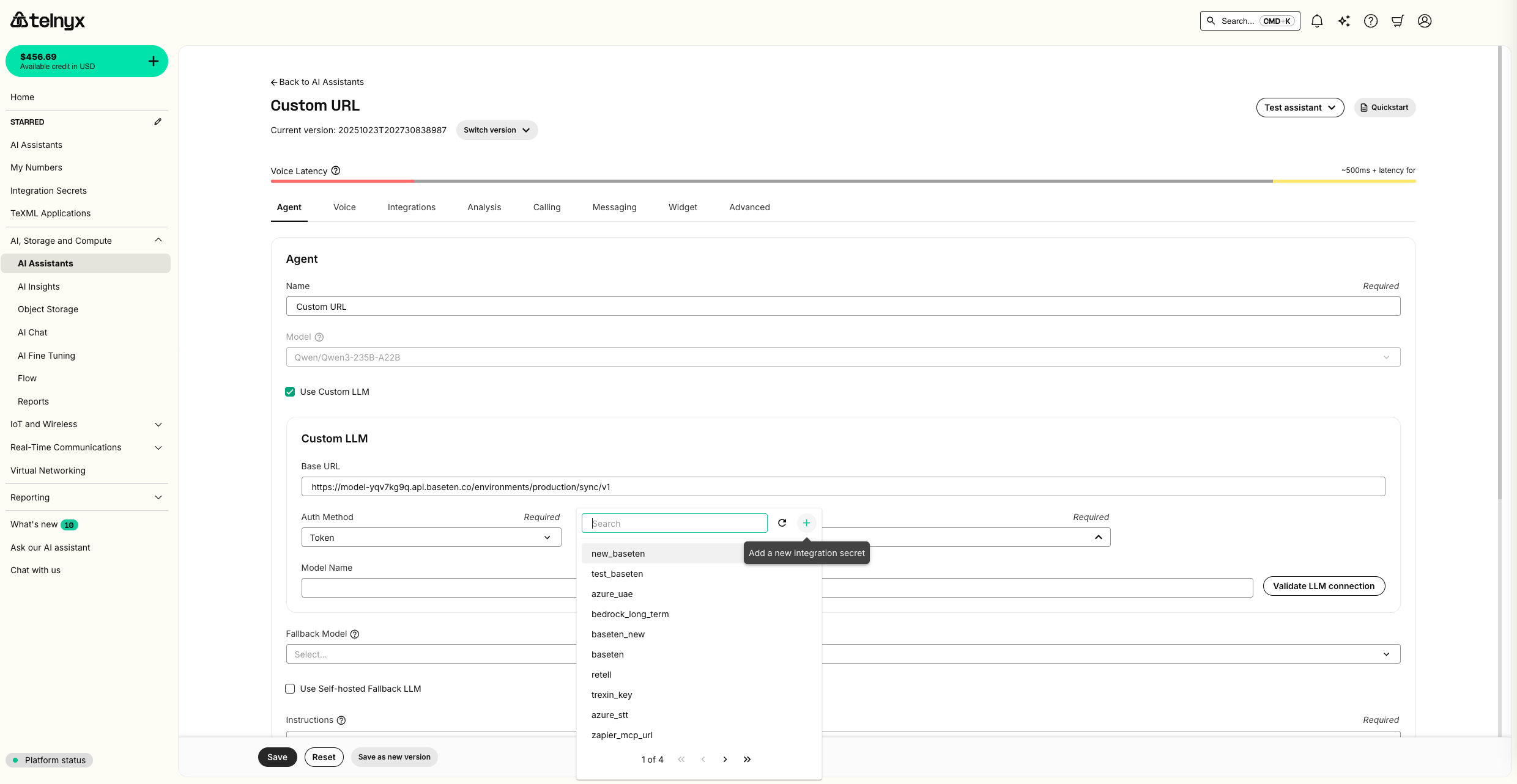 Telnyx portal custom LLM configuration showing Base URL input field