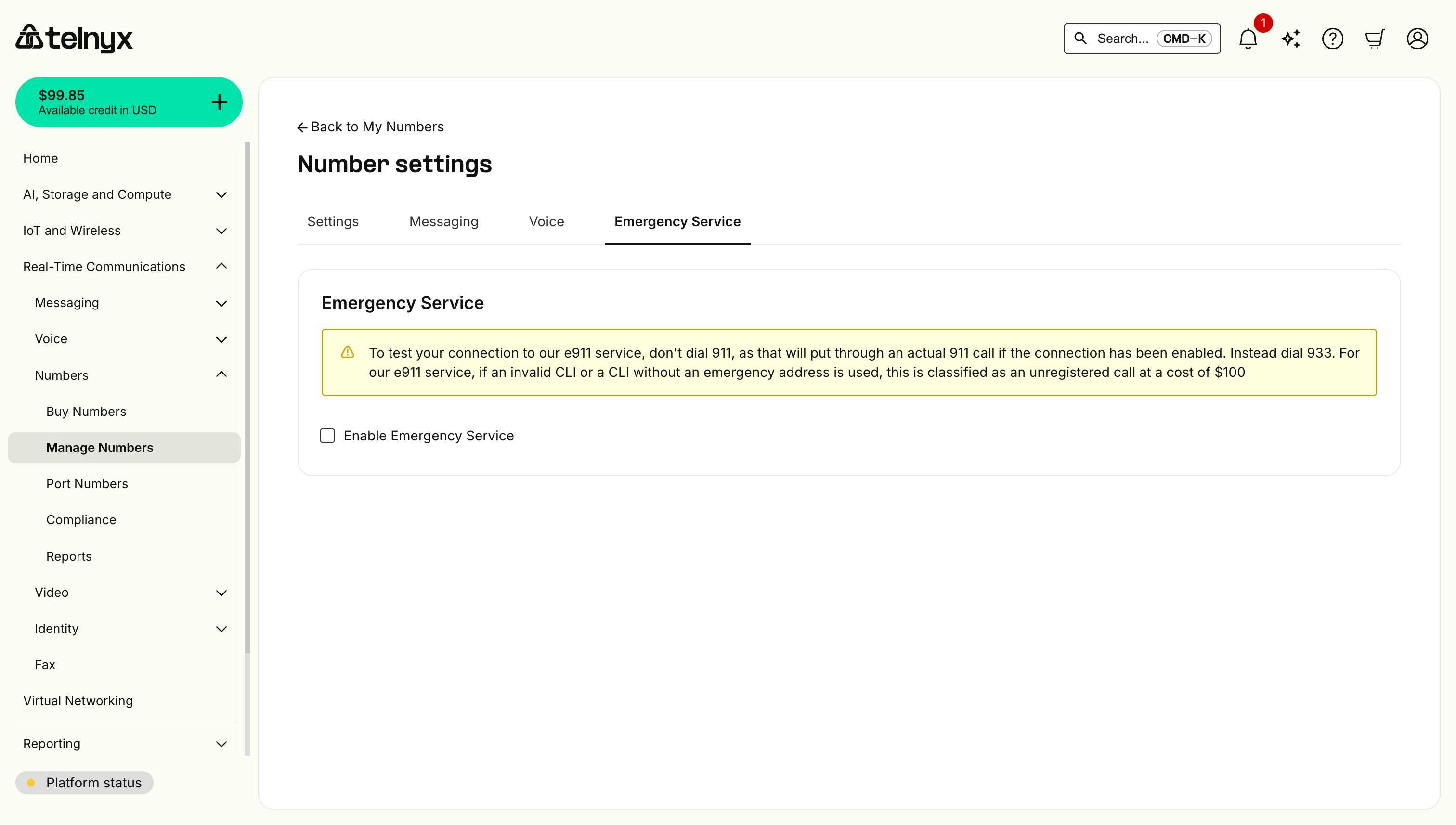 Emergency settings in Telnyx Portal