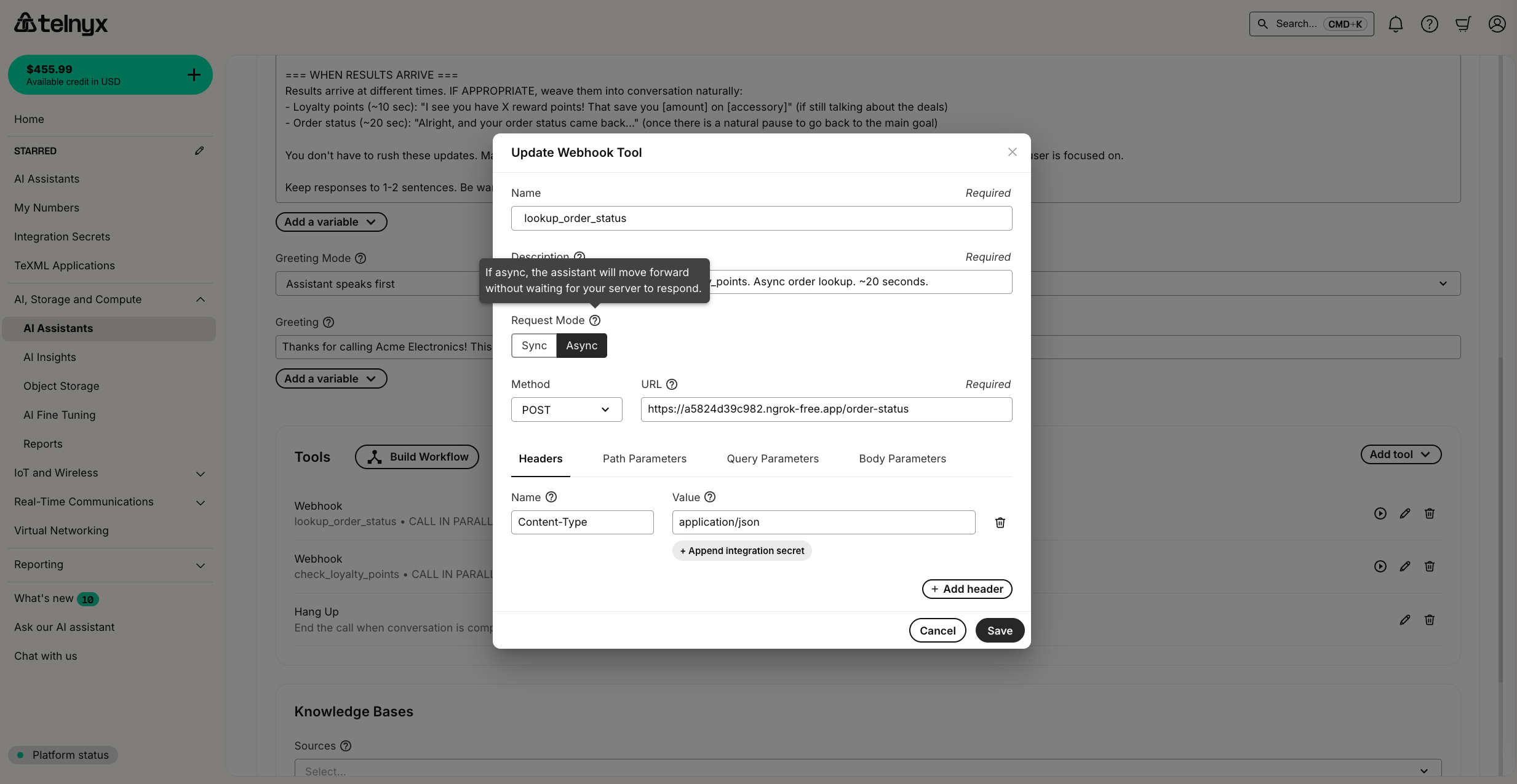 Async webhook configuration in Portal