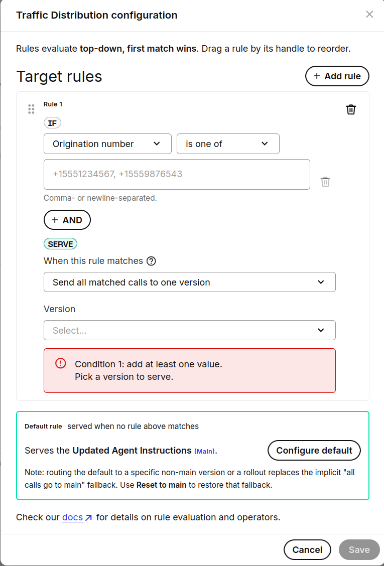 AI Assistant traffic routing new end user target rule