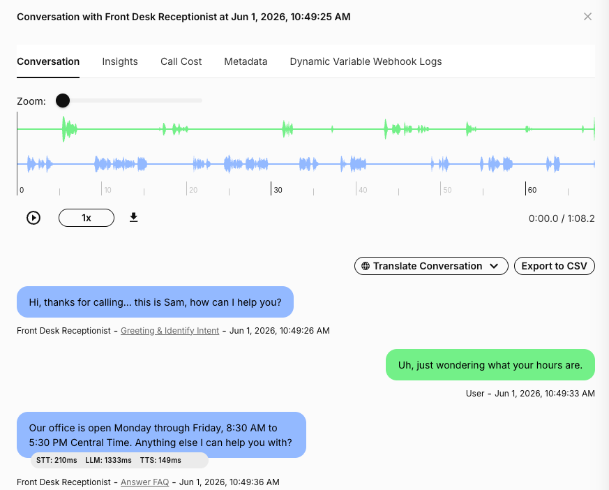Conversation transcript showing a Front Desk Receptionist workflow moving from Greeting & Identify Intent to Answer FAQ after the user asks about hours