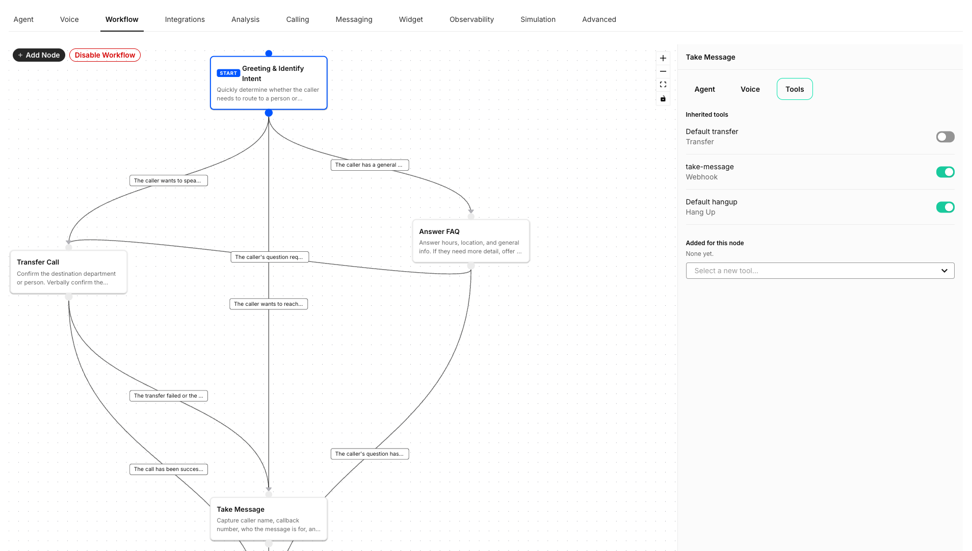 Workflow node inspector open to the Tools tab for a Take Message node, showing inherited tools with per-node toggles (Transfer off, take-message webhook and Hang Up on) and a Select a new tool dropdown