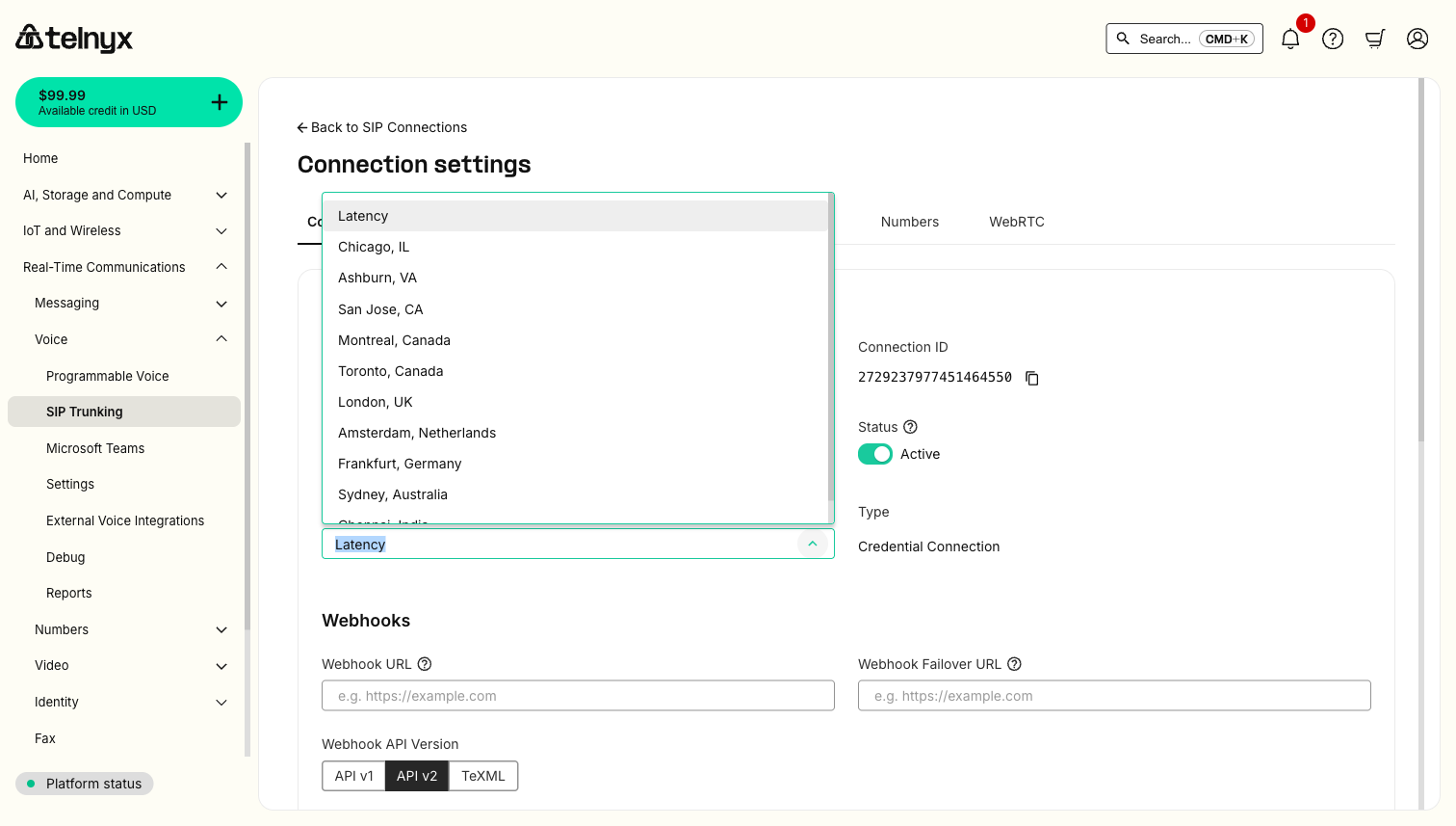 IP Connection settings in the Telnyx Portal showing the AnchorSite Override dropdown with Latency and manual PoP options