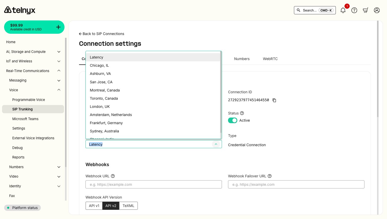 IP Connection settings in the Telnyx Portal showing the AnchorSite Override dropdown with Latency and manual PoP options