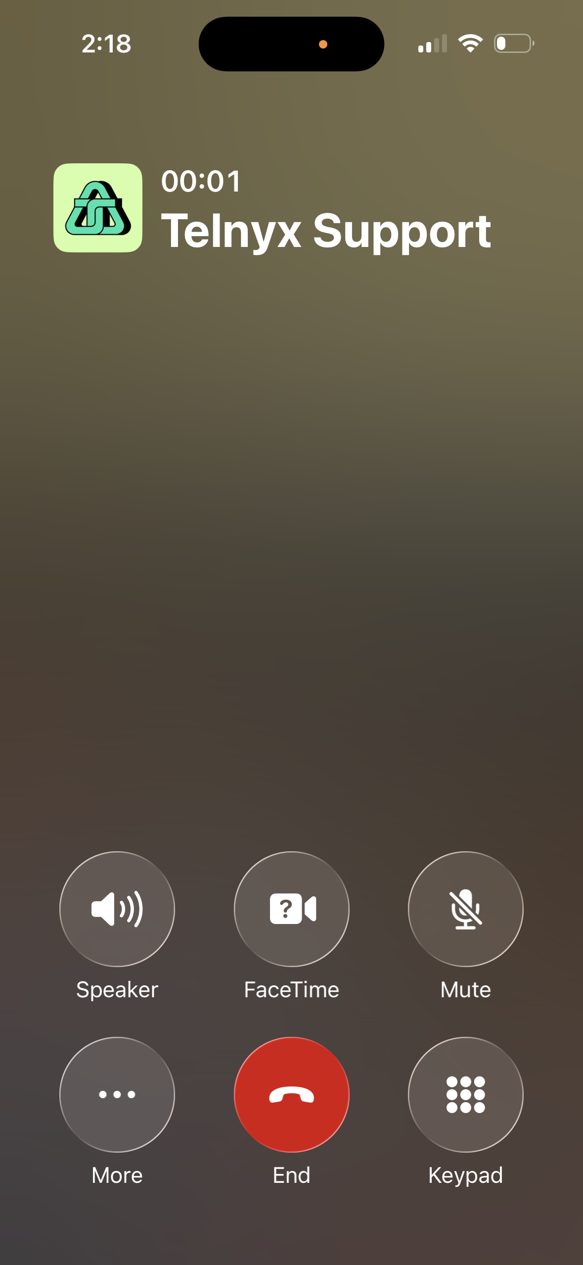 Active call screen showing the Telnyx Support business name and logo persisting during the call with Branded Calling enabled