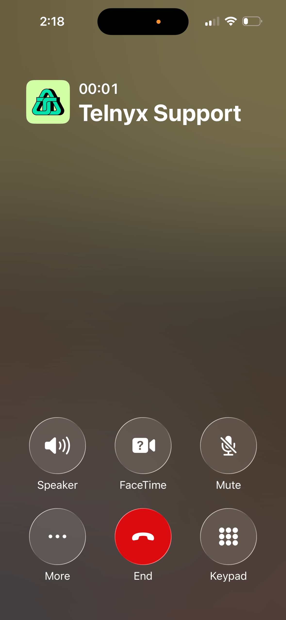 Active call screen showing the Telnyx Support business name and logo persisting during the call with Branded Calling enabled