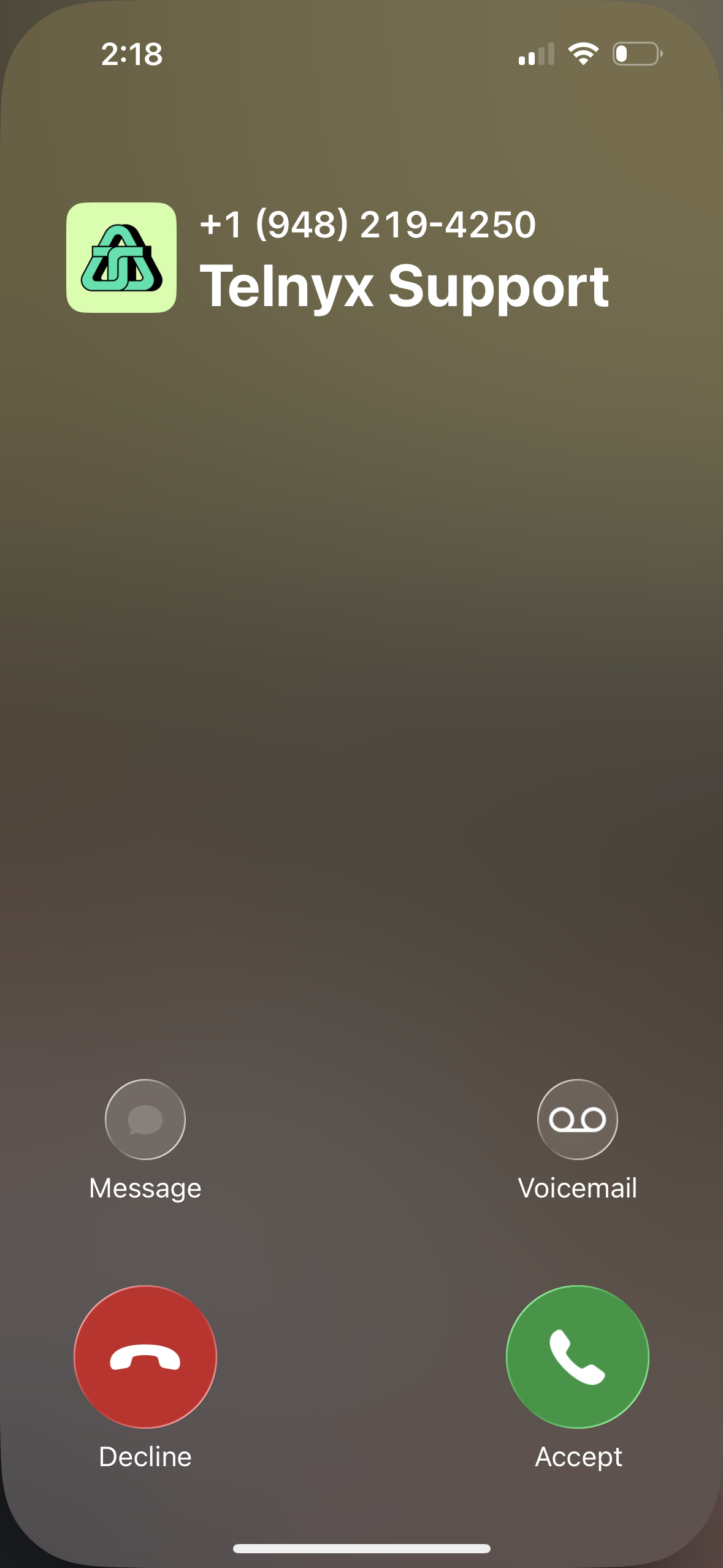 Incoming call screen showing the Telnyx Support business name and logo with Branded Calling enabled