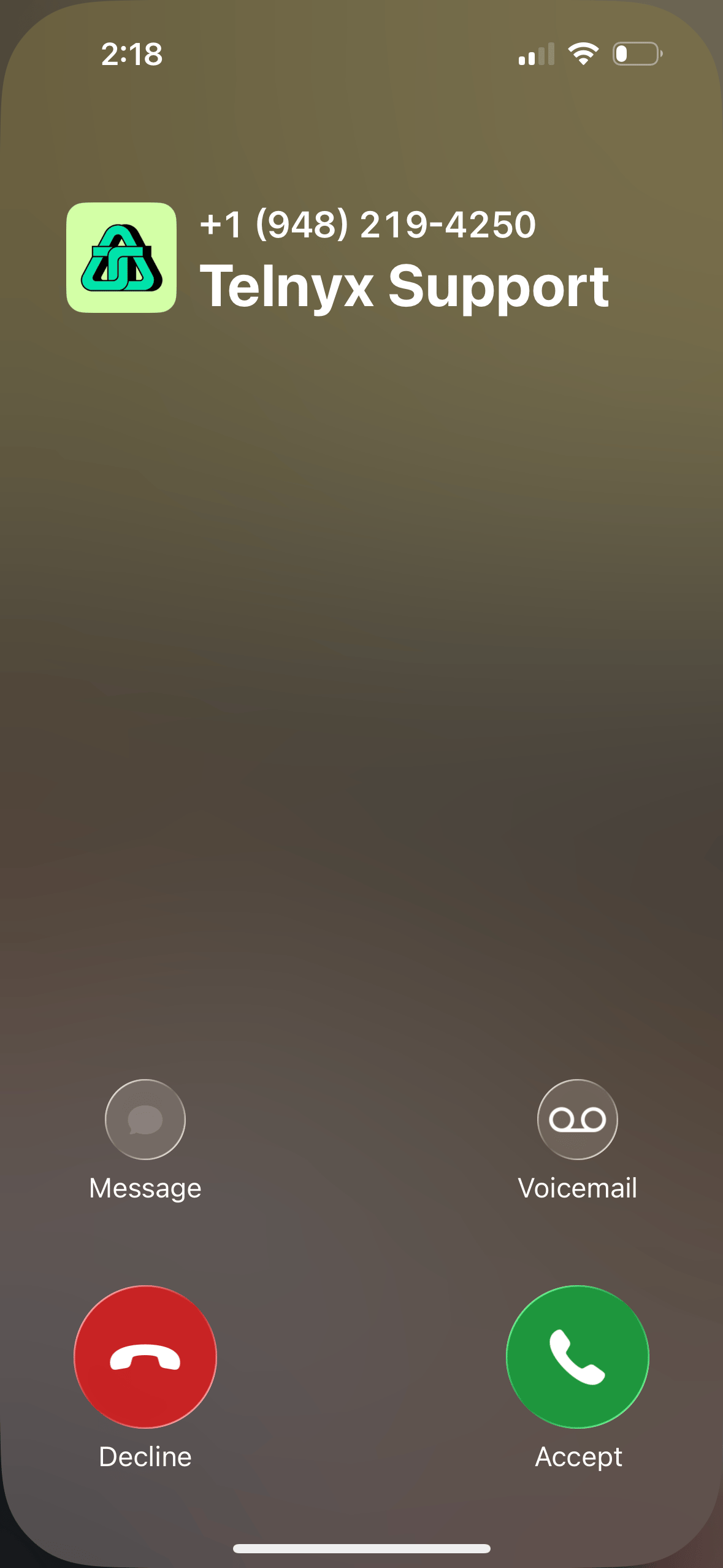 Incoming call screen showing the Telnyx Support business name and logo with Branded Calling enabled