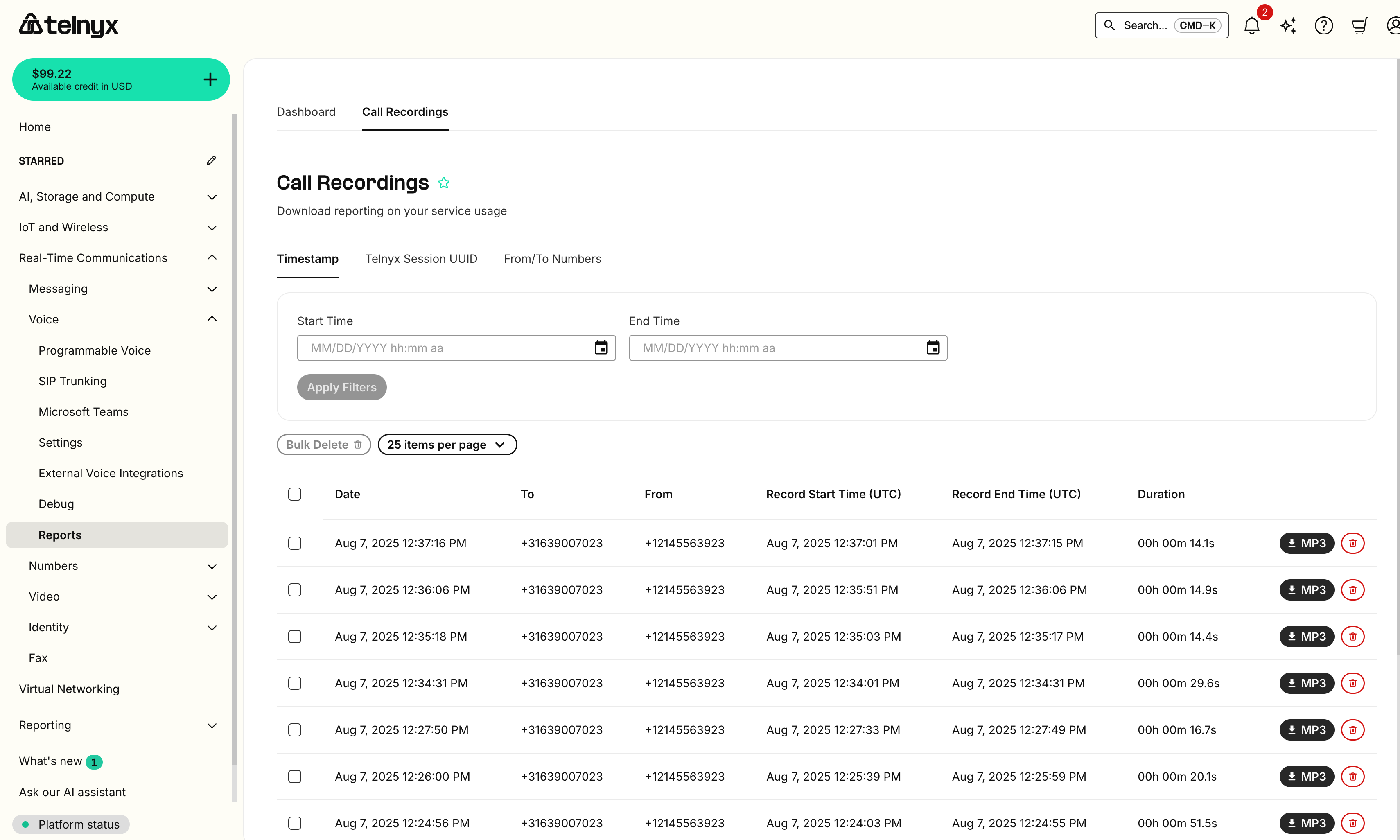 Call Recordings Page
