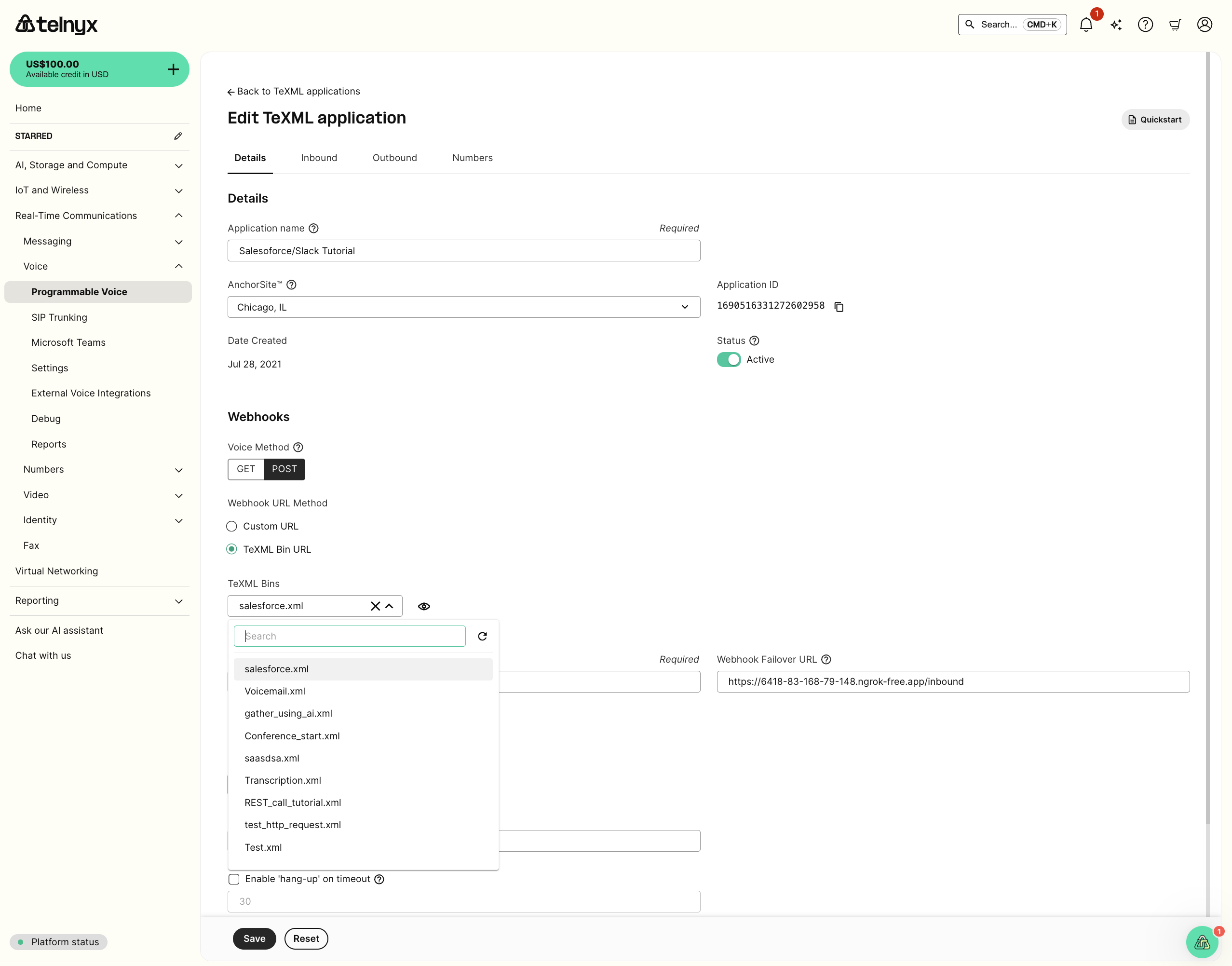 TeXML application setup
