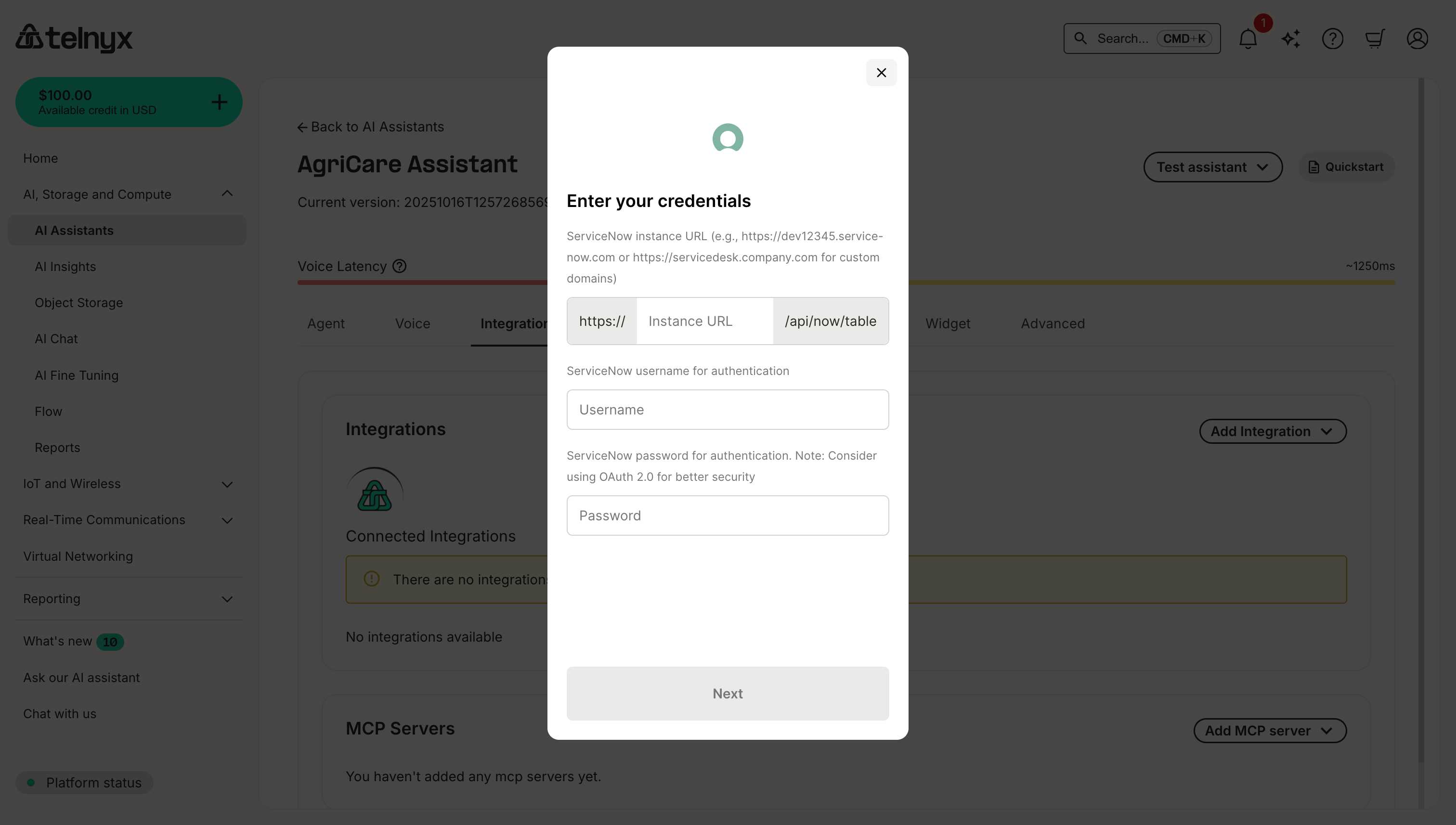 ServiceNow integration credentials dialog showing Instance URL, Username, and Password input fields